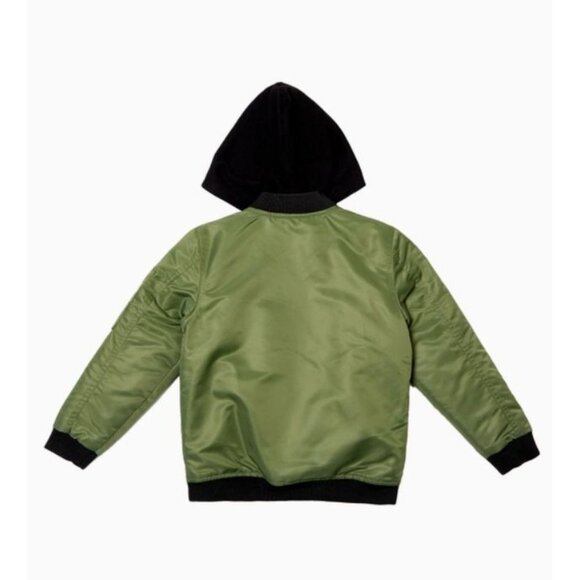 Kids Olive Green Removable Hooded Bomber Jacket Size XL 14/16 With Pockets & Zip - Picture 2 of 9